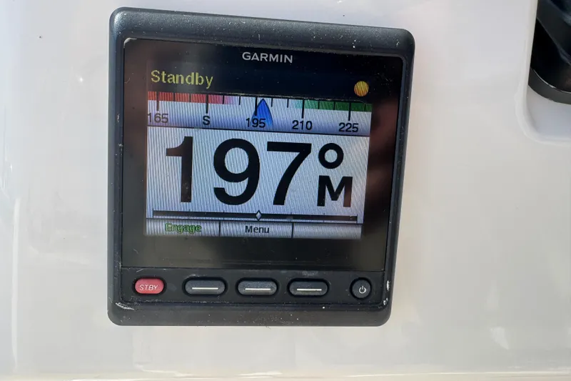 Lady Grey Yacht Photos Pics Garmin display showing 197° heading on Edgewater 320CC, 2016 model.
