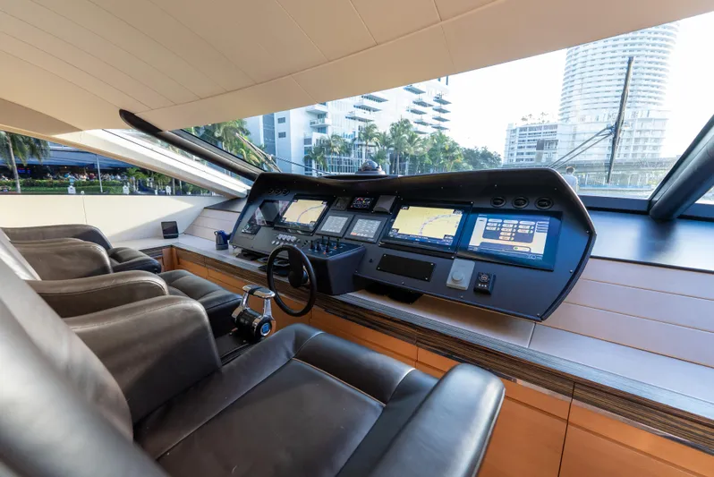  Yacht Photos Pics Luxurious 2012 Pershing 92 yacht cockpit with advanced navigation systems and plush seating.