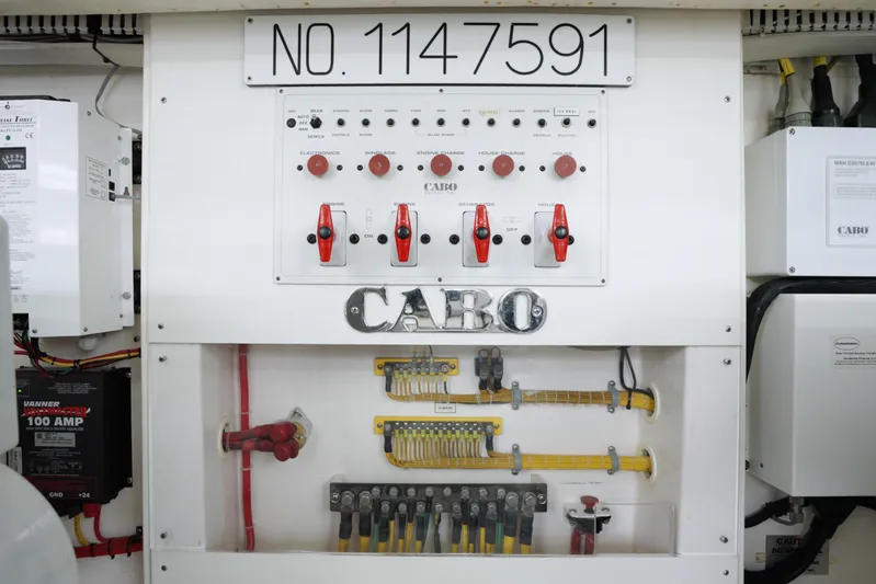King's Ransom Yacht Photos Pics Electrical panel of 2004 Cabo 40 Express boat with switches and wiring.