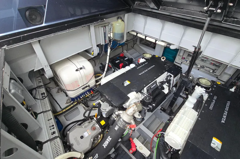  Yacht Photos Pics Engine room of 2022 Vanquish VQ45 yacht, featuring Volvo Penta engines and advanced mechanical systems.