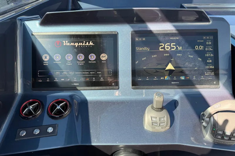  Yacht Photos Pics Dashboard of 2022 Vanquish VQ45 yacht with Garmin navigation displays.