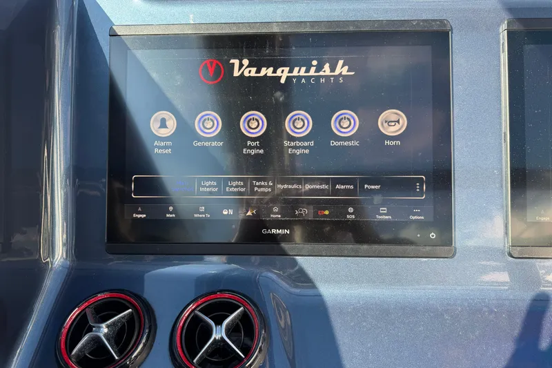  Yacht Photos Pics Touchscreen control panel of a 2022 Vanquish VQ45 yacht with various system options.