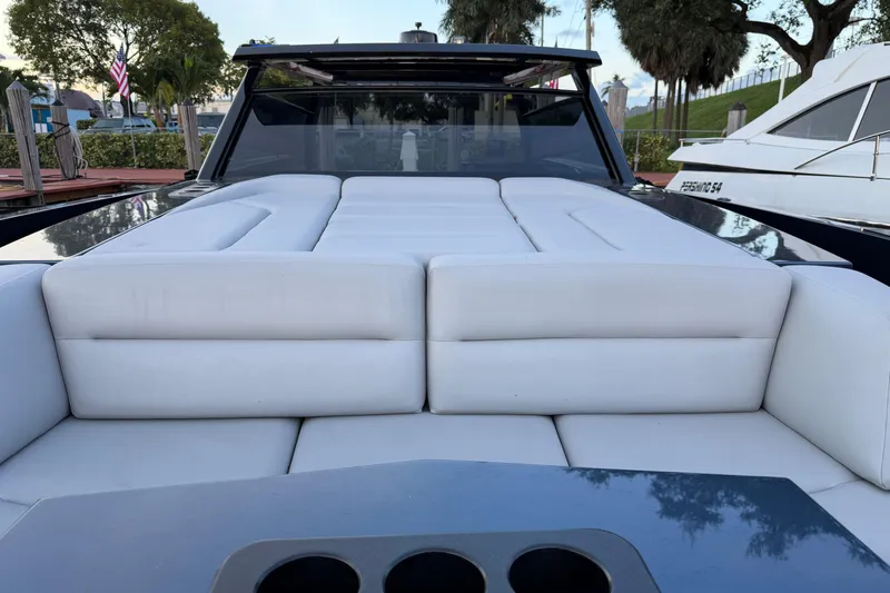  Yacht Photos Pics Luxurious 2022 Vanquish VQ45 yacht with spacious white seating and sleek design.