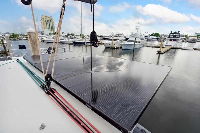 Neptune's Waters Yacht Photos Pics Solar panels on Lagoon 42 catamaran in harbor, 2019 model.