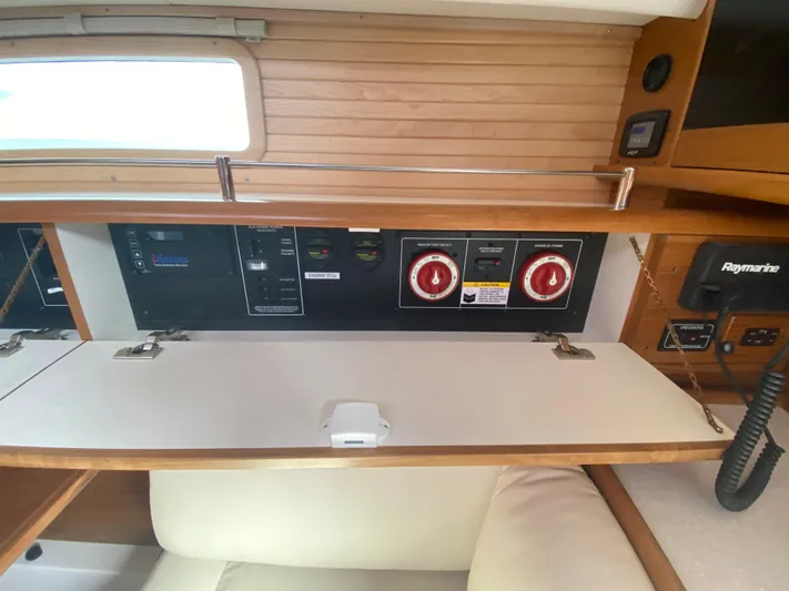 Catalina 425 In Stock Yacht Photos Pics Interior view of 2024 Catalina 425 yacht control panel with wooden accents.