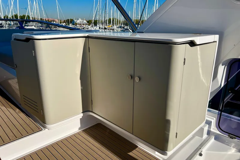  Yacht Photos Pics 2024 Azimut Fly 60 yacht deck with sleek cabinetry and modern design.