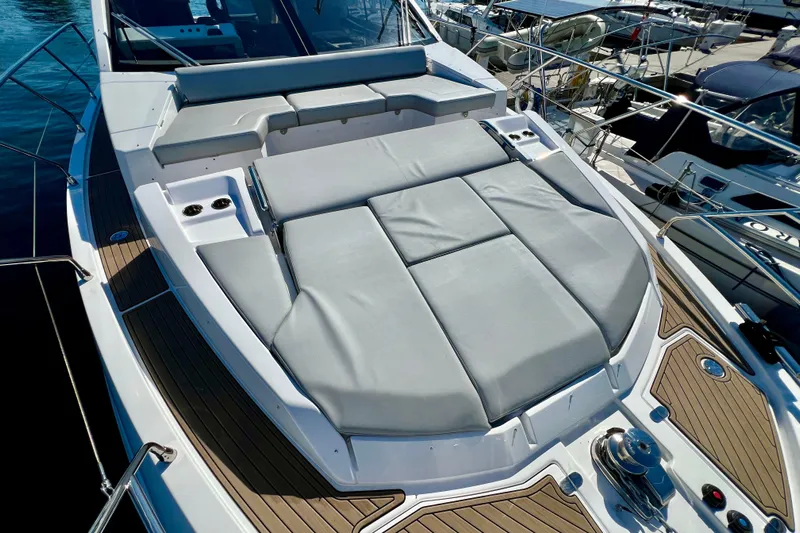  Yacht Photos Pics Luxurious 2024 Azimut Fly 60 yacht deck with spacious sunbathing area and elegant design.