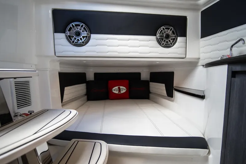  Yacht Photos Pics Interior of 2025 Cigarette 41 Nighthawk boat with modern seating and audio system.