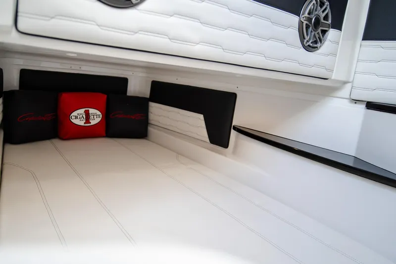  Yacht Photos Pics Interior of 2025 Cigarette 41 Nighthawk boat with cushions and speaker.