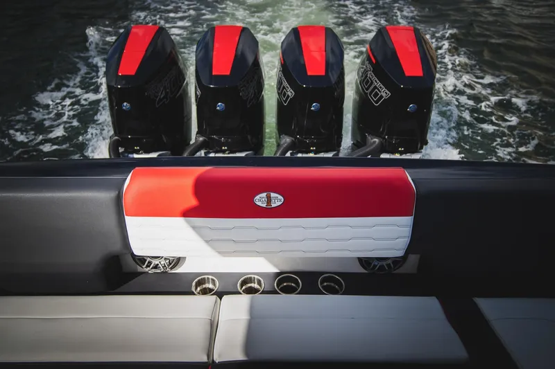  Yacht Photos Pics 2025 Cigarette 41 Nighthawk boat with four powerful engines on water.