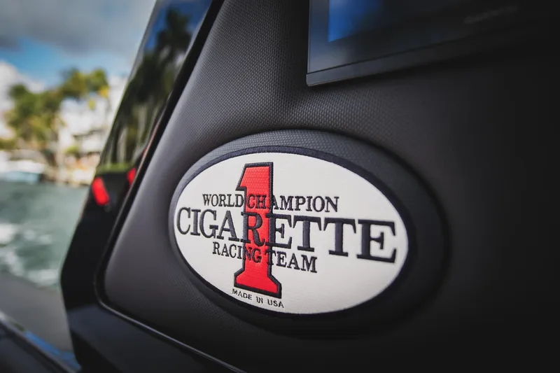  Yacht Photos Pics 2025 Cigarette 41 Nighthawk boat with World Champion Racing Team logo.