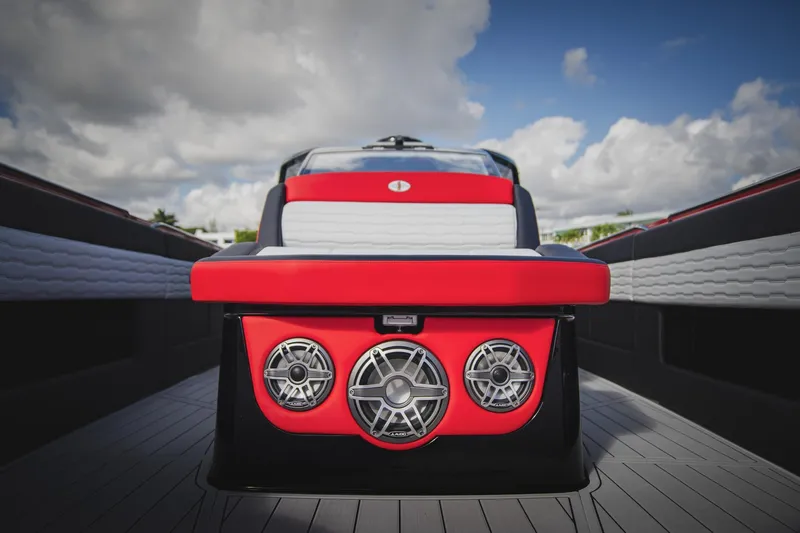  Yacht Photos Pics 2025 Cigarette 41 Nighthawk boat interior with red and white seating, featuring speaker system.