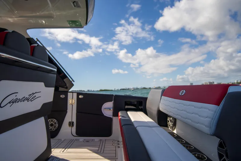  Yacht Photos Pics 2025 Cigarette 41 Nighthawk boat interior with luxury seating and ocean view.