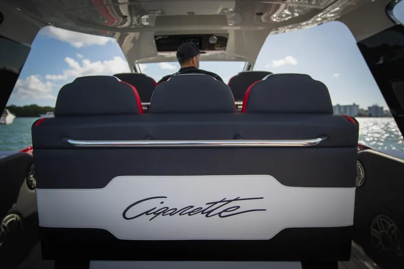  Yacht Photos Pics 2025 Cigarette 41 Nighthawk luxury boat interior with stylish seating and scenic water view.