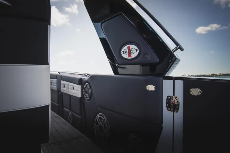  Yacht Photos Pics 2025 Cigarette 41 Nighthawk boat interior with sleek black and white design.