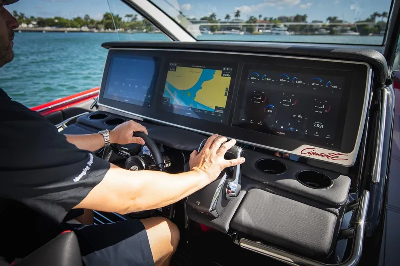  Yacht Photos Pics Cockpit of 2025 Cigarette 41 Nighthawk with advanced navigation displays.