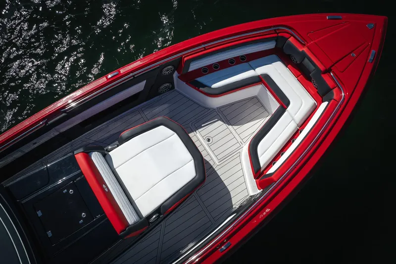  Yacht Photos Pics 2025 Cigarette 41 Nighthawk boat with sleek red and white seating, top view.