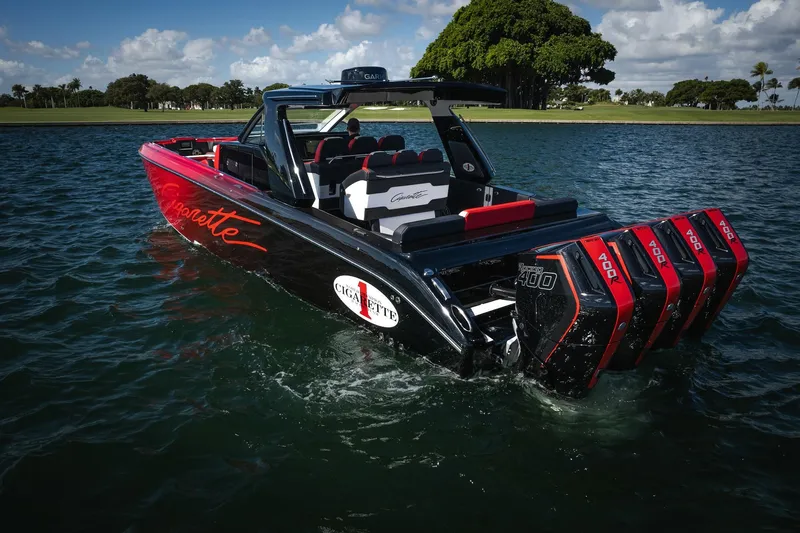  Yacht Photos Pics 2025 Cigarette 41 Nighthawk boat with quad 400R engines on water.
