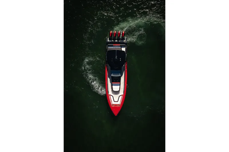  Yacht Photos Pics Aerial view of 2025 Cigarette 41 Nighthawk boat cruising on water.