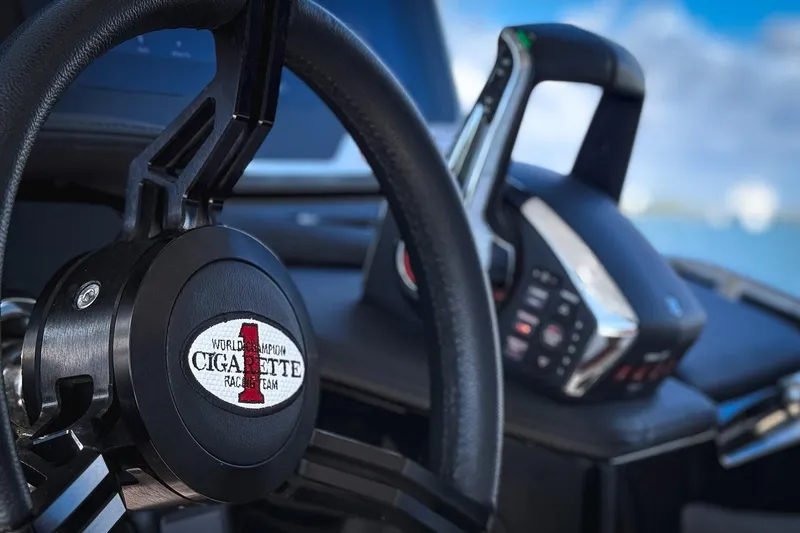  Yacht Photos Pics Steering wheel and controls of 2025 Cigarette 41 Nighthawk boat.