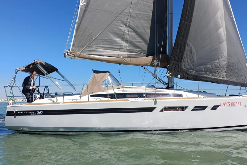 Prima Yacht Photos Pics 2024 Jeanneau Sun Odyssey 349 sailing on calm waters under clear blue skies.