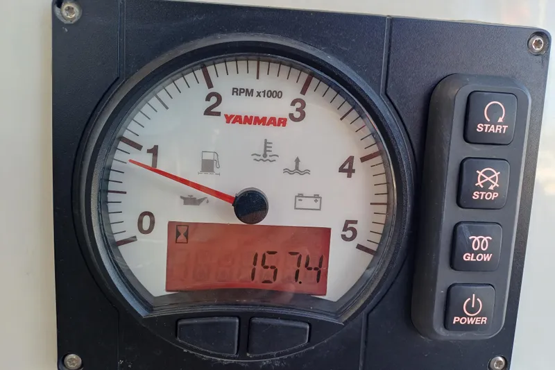 Prima Yacht Photos Pics Yanmar engine control panel on 2024 Jeanneau Sun Odyssey 349 sailboat, showing RPM and buttons.