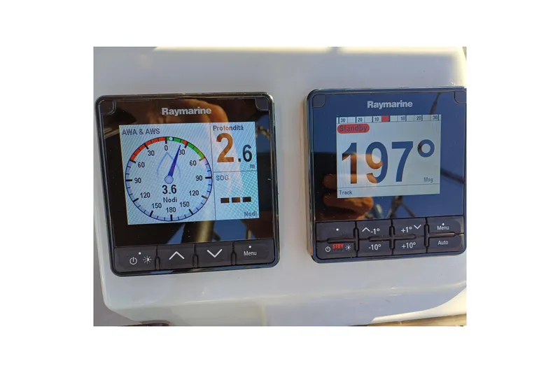 Prima Yacht Photos Pics Raymarine navigation displays on 2024 Jeanneau Sun Odyssey 349 yacht dashboard.