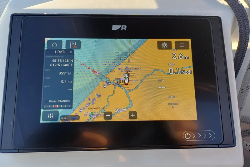 Prima Yacht Photos Pics Navigation display on Jeanneau Sun Odyssey 349, 2024 model, showing coordinates and sailing data.
