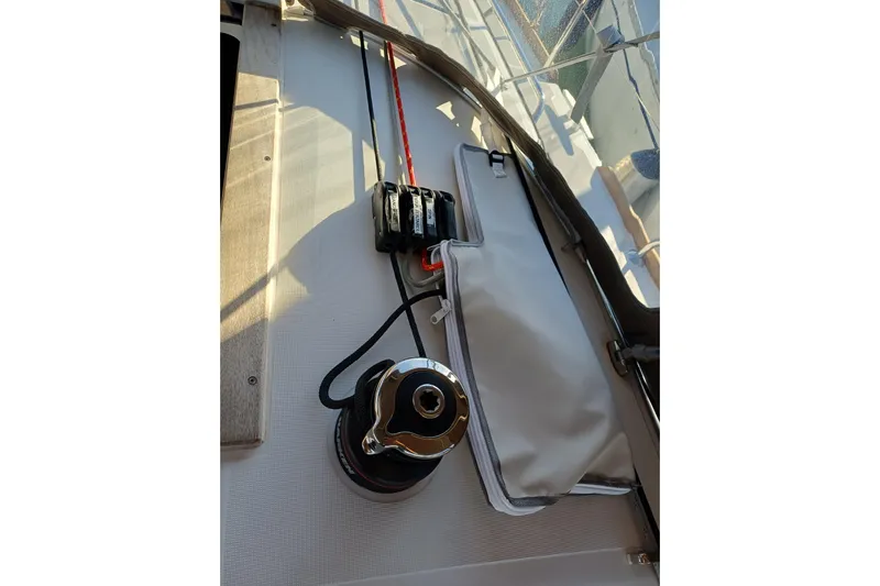 Prima Yacht Photos Pics 2024 Jeanneau Sun Odyssey 349 sailboat deck with winch and control lines.