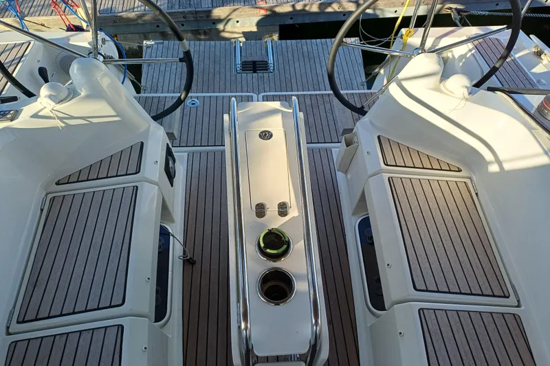 Prima Yacht Photos Pics Cockpit of 2024 Jeanneau Sun Odyssey 349 sailboat with dual steering wheels.