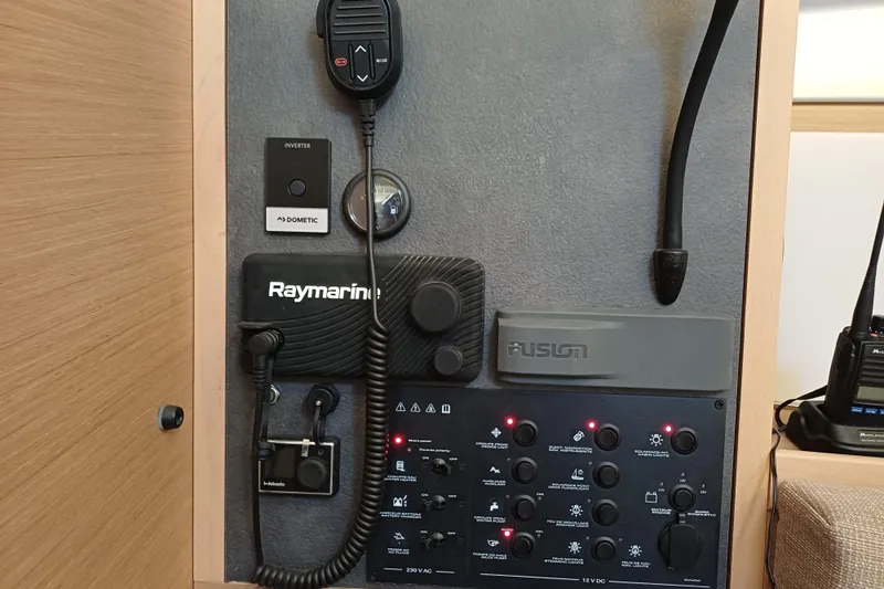 Prima Yacht Photos Pics Control panel of 2024 Jeanneau Sun Odyssey 349 with Raymarine and Fusion systems.