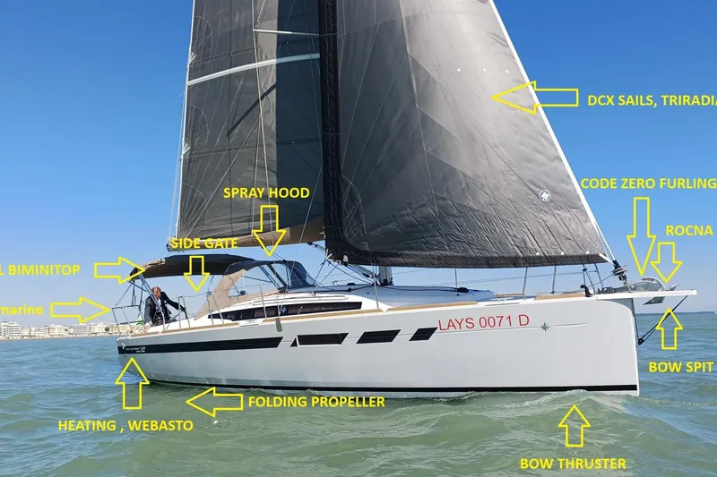 Prima Yacht Photos Pics 2024 Jeanneau Sun Odyssey 349 sailboat with DCX sails, spray hood, and bow thruster.