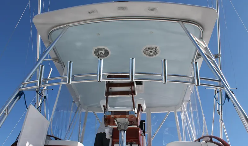 Big Blue Yacht Photos Pics Rybovich 45 BIG BLUE - Flybridge View From Cockpit