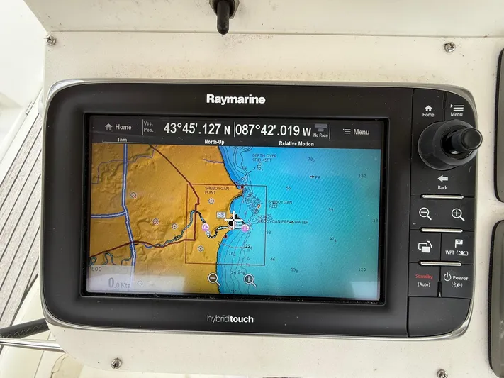 French Angel Yacht Photos Pics Raymarine navigation display on 2003 Beneteau 393, showing nautical chart and coordinates.