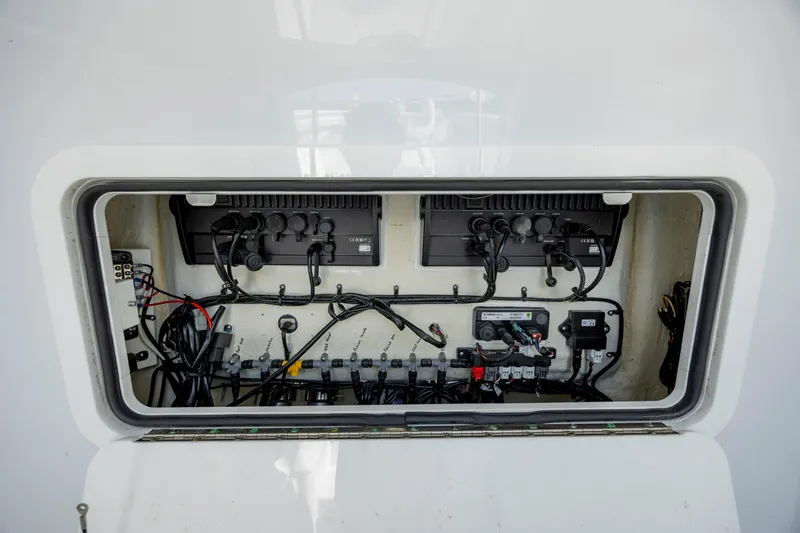  Yacht Photos Pics Electrical panel of 2019 Yellowfin 36 boat, showcasing wiring and components.