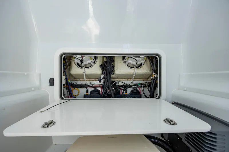  Yacht Photos Pics 2019 Yellowfin 36 boat electrical compartment with wiring and components.