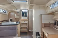 Modern interior of 2023 Hanse 388 yacht with sleek design and natural light.