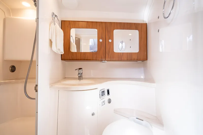  Yacht Photos Pics Luxurious 2018 Intrepid 407 yacht bathroom with sleek design and modern fixtures.