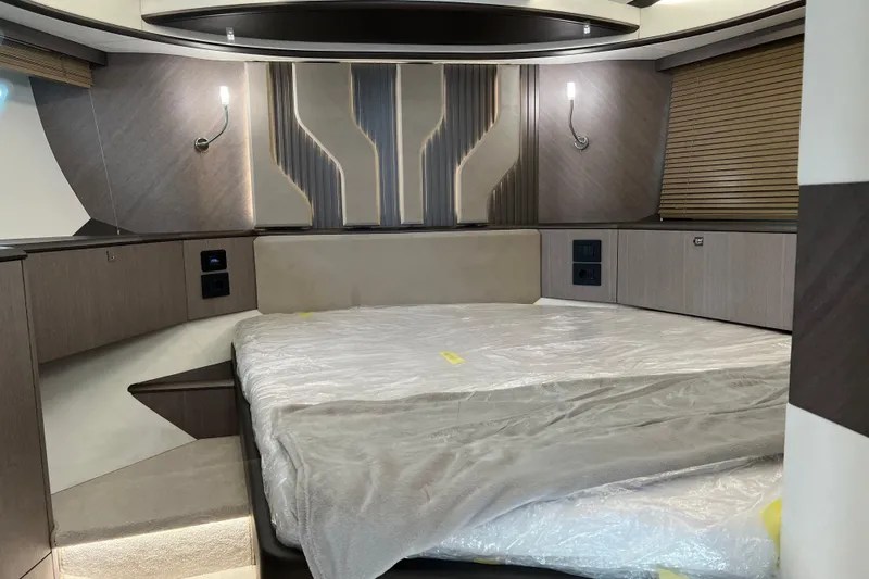  Yacht Photos Pics Luxurious interior cabin of 2024 Galeon 440 Fly yacht with modern design elements.