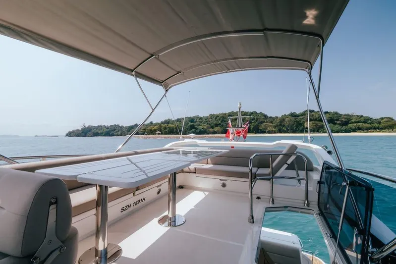  Yacht Photos Pics Luxury 2024 Galeon 440 Fly yacht with spacious deck and scenic ocean view.