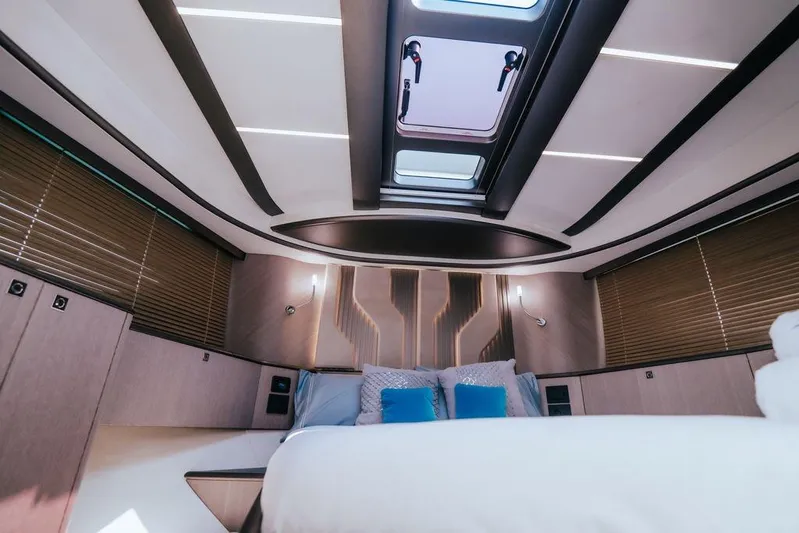  Yacht Photos Pics Luxurious interior of 2024 Galeon 440 Fly yacht cabin with modern design and skylight.