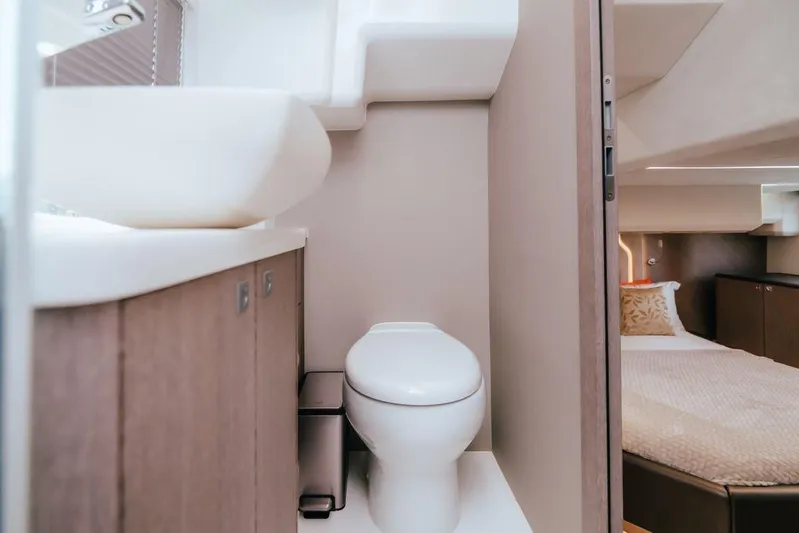  Yacht Photos Pics 2024 Galeon 440 Fly yacht interior bathroom and bedroom view.