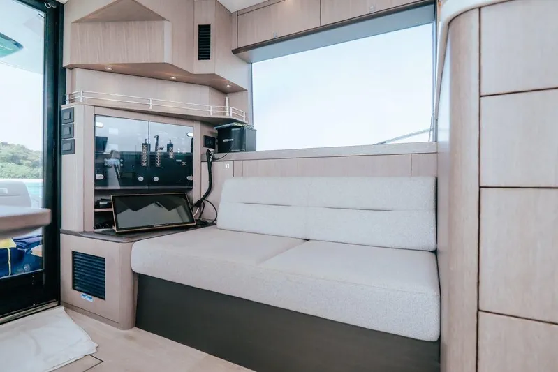  Yacht Photos Pics Interior of 2024 Galeon 440 Fly yacht with modern seating and sleek design.