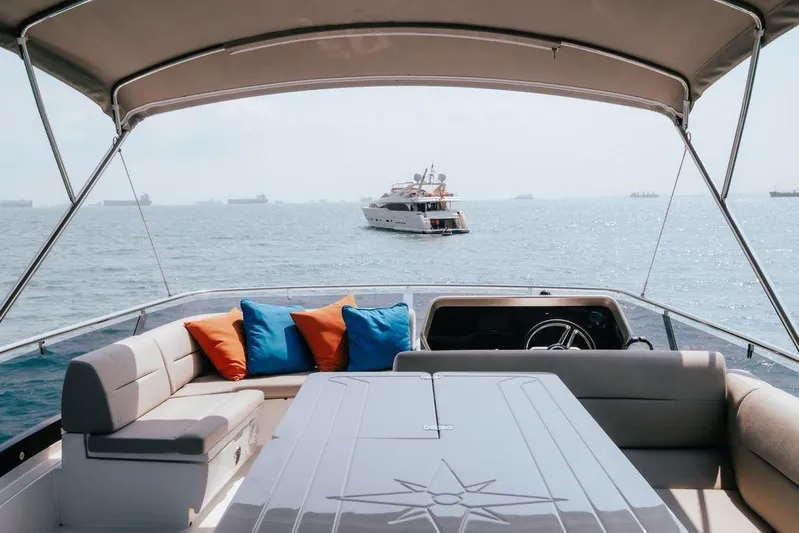  Yacht Photos Pics 2024 Galeon 440 Fly yacht interior with ocean view, featuring colorful cushions and a sleek design.