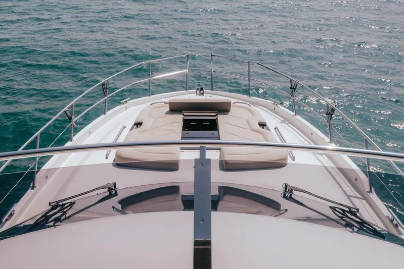  Yacht Photos Pics 2024 Galeon 440 Fly yacht bow view on open water.