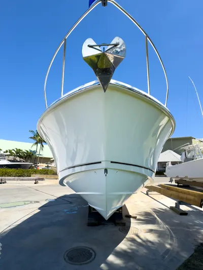 Pearl Yacht Photos Pics 2018 Boston Whaler 315 Conquest boat, front view, docked under clear blue sky.