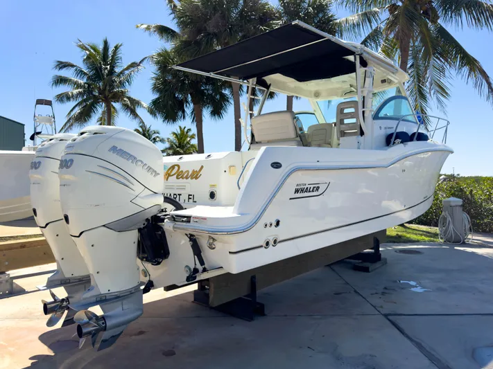 Pearl Yacht Photos Pics 2018 Boston Whaler 315 Conquest boat with twin engines, docked under palm trees.