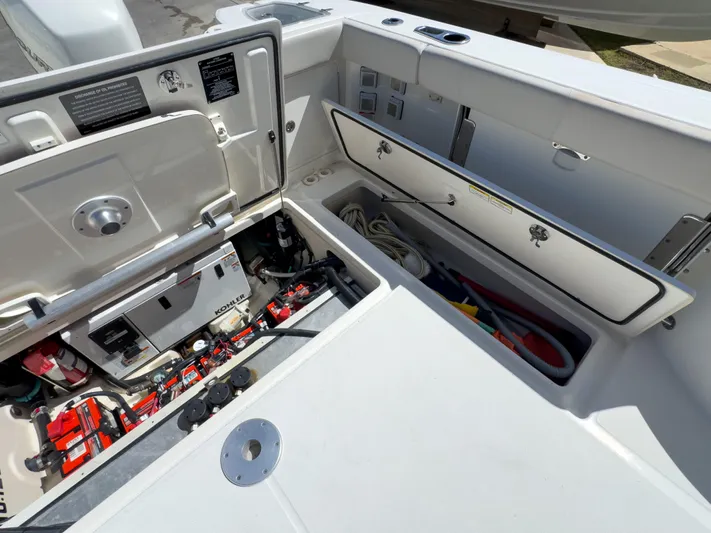 Pearl Yacht Photos Pics 2018 Boston Whaler 315 Conquest boat storage compartments and equipment.