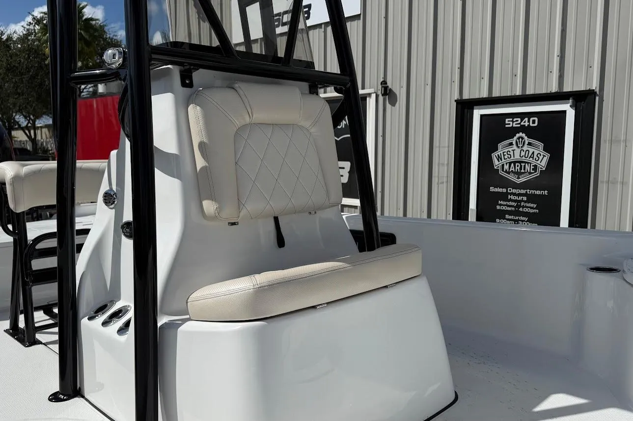 2026 Blazer PureBay 2400 boat interior with cushioned seating at West Coast Marine.