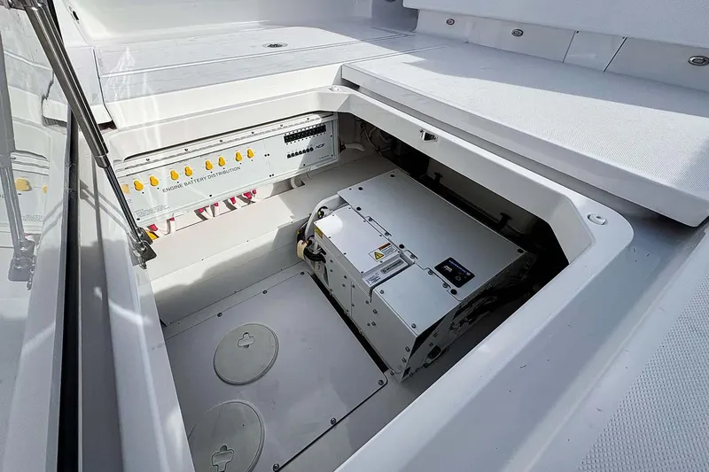  Yacht Photos Pics Manufacturer Provided Image: Engine battery compartment of 2026 HCB 48 Campeon boat, showcasing distribution panel.